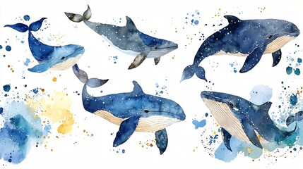 Watercolor whales ocean swimming, colourful background, marine life illustration