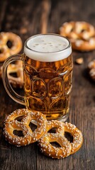 Beer mug and pretzels celebrating National Pretzel Day on wooden table