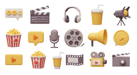 3d set of cinema, movie, theatre, video and audio icons. trendy glossy plastic design elements. high
