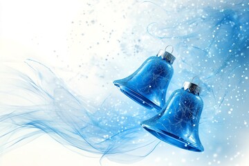 Wall Mural - two blue christmas bells floating on a magical snowy background