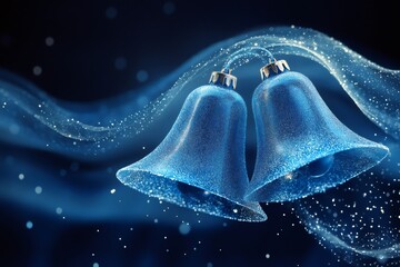 Wall Mural - two blue christmas bells ringing with magic dust trails on dark blue background