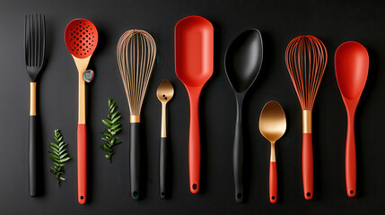 Stylish kitchen utensils in red and black with gold accents, arranged neatly on dark background. Perfect for modern cooking and culinary enthusiasts