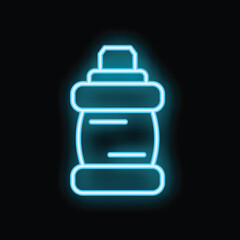 Canvas Print - Neon icon of a modern sport water bottle glowing with blue light on a black background