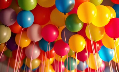 Wall Mural - Vibrant colorful balloons, festive party decoration, helium-filled latex balloons, close-up view, bright colors, red yellow blue green, celebratory atmosphere, high-resolution image, overhead shot, cr