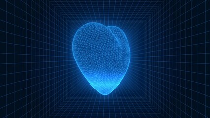Wall Mural - Futuristic 3D Wireframe Heart Animation in a Digital Grid Tunnel – Rotating Technological Love Symbol for AI, Health Tech, and Sci-Fi Concepts
