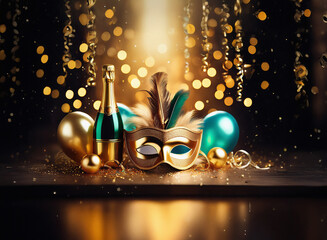 Aufkleber - A golden masquerade mask, bottle of champagne, and balloons sit on a wooden surface, illuminated by warm lights and confetti.