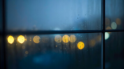 Wall Mural - exposure image showcasing a rainy window paired with blurred city lights in dark blue and yellow, ev