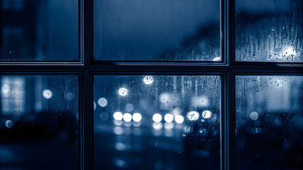 Wall Mural - exposure image showcasing a rainy window paired with blurred city lights in dark blue and yellow, ev