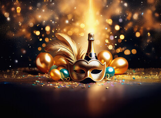 Aufkleber - A golden masquerade mask sits amidst a celebratory scene of champagne, balloons, and confetti.