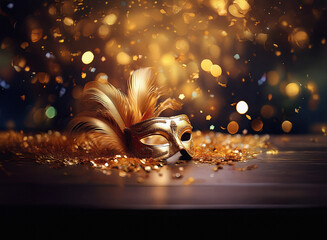 Aufkleber - A golden masquerade mask with feathers rests on a table amidst falling confetti and sparkling bokeh.