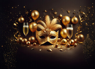 Aufkleber - A golden masquerade mask sits amongst champagne flutes, balloons, and confetti on a dark background.