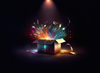 Poster - A dark, mysterious box explodes with vibrant, colorful fireworks and shimmering ribbons, illuminated by a spotlight.  A magical, celebratory moment is captured.