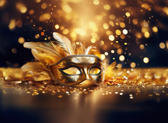 Aufkleber - A golden masquerade mask with feathers lies on a sparkling surface with a bokeh background.