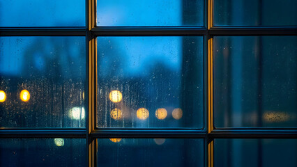 Wall Mural - exposure image showcasing a rainy window paired with blurred city lights in dark blue and yellow, ev