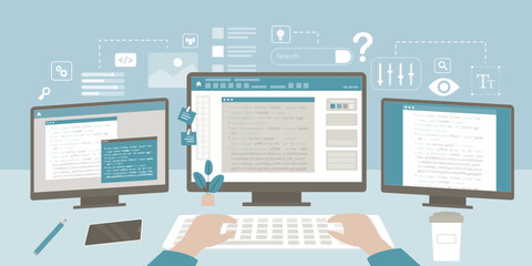 Software, backend development, work process with program code. Programmer developing application system, professional engineer and coder character working at multi-monitors.