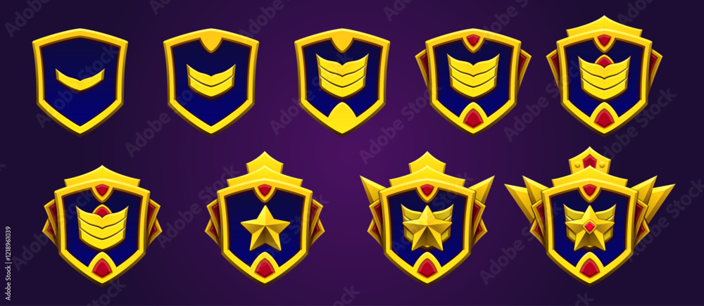 Gold Rank Emblems Award player emblem set. Gold game rank player level. Legend, epic ...