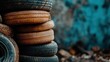 © gilemixmedia - This image features a pile of stacked tires, emphasizing their varied textures and colors, set against a blurred background that enhances their prominence and appeal.