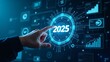 © SA7 - A hand pointing at the year '2025' displayed in a digital interface with data graphs, arrows, and icons, symbolizing the future, technology, and business growth