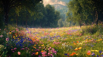 Wall Mural - Lush meadow with colorful wildflowers under a mountain view surrounded by trees