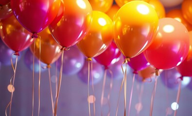 Wall Mural - Colorful balloons, vibrant party decorations, shiny metallic surfaces, festive atmosphere, warm lighting, red and orange hues, purple accents, celebration mood, closeup view, helium-filled balloons, s