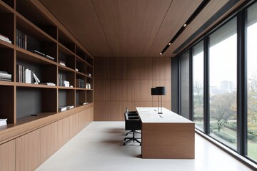 Wall Mural - Modern Minimalist Office Interior Design with Large Window and Built in Bookshelves