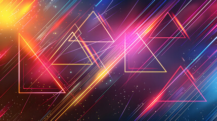 Wall Mural - Dynamic abstract composition featuring neon triangles and linear streaks over a radiant gradient background, generative ai