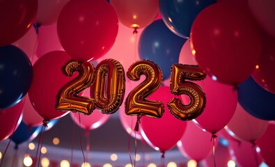 Wall Mural - New Year's Eve celebration, 2025 balloon numbers, red and blue party balloons, festive atmosphere, confetti, glitter, party lights, ceiling decorations, celebration backdrop, shiny metallic balloons, 