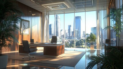 Wall Mural - Modern Luxury Office with City Skyline View Panoramic Windows and Sunlit Interior Design