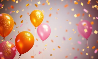 Wall Mural - Colorful balloons, party confetti, festive atmosphere, bokeh lights, celebration background, orange and pink balloons, floating helium balloons, joyful mood, glittering particles, birthday party, anni