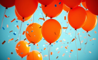 Wall Mural - colorful balloons, red and orange, floating upwards, blue sky background, confetti, celebration, festive atmosphere, vibrant colors, party mood, helium balloons, looking up perspective, joyful scene, 