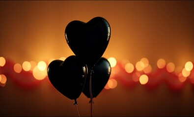 Wall Mural - Heart-shaped balloons, silhouette, romantic atmosphere, bokeh lights, warm glow, Valentine's Day, love, dark backdrop, intimate setting, soft focus, dreamy, evening ambiance, sentimental, floating bal