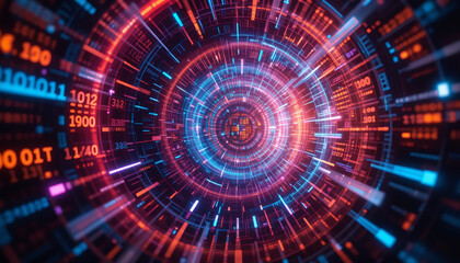 Vibrant digital background with swirling colored lines and binary code bytes, enhanced by lens flares and depth effects, Generative AI.