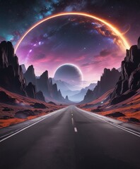 Wall Mural - arc shaped black hole with a retro-futuristic space landscape background and a winding road in the f