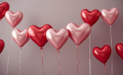 Wall Mural - Heart-shaped balloons, red and pink colors, Valentine's Day theme, romantic atmosphere, shiny metallic finish, floating balloons, love symbols, celebration decorations, soft lighting, studio photograp