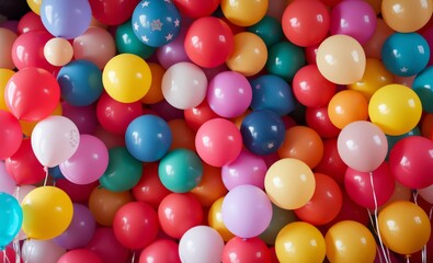 Wall Mural - Colorful balloons, macro photography, vibrant colors, red, yellow, blue, green, pink, white, round shapes, party atmosphere, festive, close-up, glossy surfaces, multiple sizes, crowded composition, ch