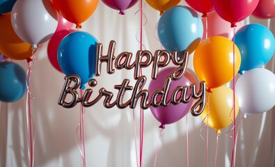 Wall Mural - Colorful balloons, Happy Birthday banner, party decoration, festive atmosphere, vibrant colors, white background, celebration, helium balloons, red balloon, blue balloon, orange balloon, pink balloon,