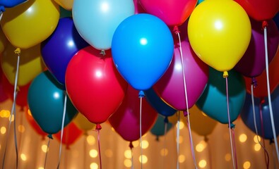 Wall Mural - Colorful balloons, party decorations, vibrant colors, yellow blue red balloons, festive atmosphere, ceiling view, helium-filled balloons, celebration, birthday party, event backdrop, high-quality phot