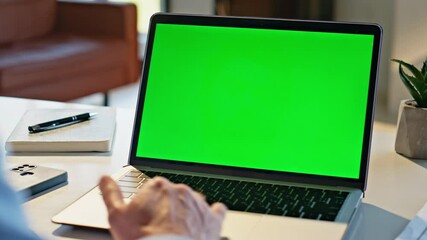 Wall Mural - Manager hands scrolling mockup laptop touchpad working remotely at home closeup