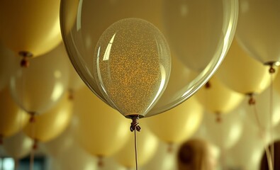 Wall Mural - transparent balloon, golden particles inside, floating, multiple yellow balloons in background, celebration, festive atmosphere, soft focus, warm lighting, close-up, elegant, luxurious, magical, dream