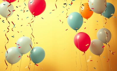 Wall Mural - Colorful balloons, confetti, yellow background, celebration, festive atmosphere, party, joyful, vibrant colors, floating balloons, shiny balloons, red balloons, blue balloons, white balloons, golden c