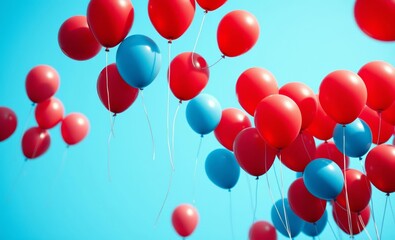 Wall Mural - vibrant balloons, red and blue, floating against sky, low angle view, celebration, festive atmosphere, helium-filled, party, freedom, joyful, uplifting, high contrast, sunny day, colorful, dynamic com