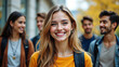 © PRODPLEUM DESIGN - A cheerful young woman with long hair smiles brightly, surrounded by friends in autumnal settings.