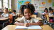 © PRODPLEUM DESIGN - A cheerful young girl with curly hair smiles while writing in her notebook at school.