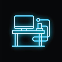 Poster - Neon blue icon of an office desk with a desktop computer on it, representing a modern workspace