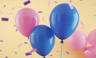 Wall Mural - Colorful balloons, pink and blue, festive atmosphere, confetti, celebration, party decorations, vibrant colors, cheerful mood, helium balloons, floating, yellow background, close-up shot, high-contras