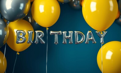 Wall Mural - birthday celebration, yellow balloons, silver foil letter balloons spelling 
