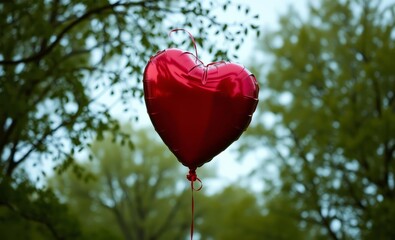 Wall Mural - heart-shaped balloon, vibrant red, outdoors, tree branches, bokeh effect, shallow depth of field, romantic, valentine's day, love symbol, floating, delicate, glossy surface, nature background, soft fo