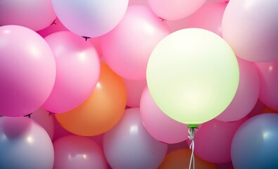 Wall Mural - Colorful balloons, pastel colors, pink and green hues, soft focus, dreamy atmosphere, party decoration, celebratory mood, inflated spheres, gentle lighting, close-up view, festive background, buoyant 