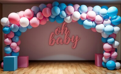 Wall Mural - Balloon arch decoration, gender reveal party, pink and blue balloons, 