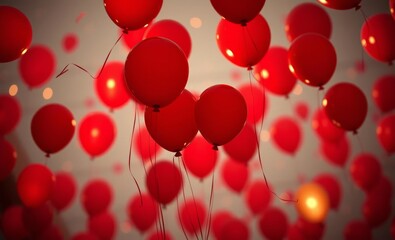 Wall Mural - red balloons, heart-shaped balloons, Valentine's Day, romantic atmosphere, floating balloons, soft focus, dreamy lighting, love celebration, festive decor, red and pink color scheme, balloon bouquet, 